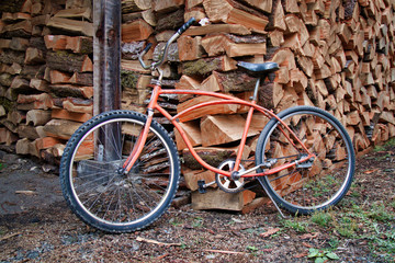 Orange bicycle leaning against a large pile of cut wood
