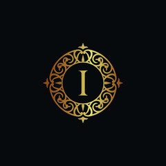 Fototapeta na wymiar Vintage old style logo icon golden. Royal hotel, Premium boutique, Fashion logo, restaurant logo, VIP logo. Letter I logo, Premium quality logo. 