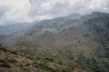 Hania, Crete - 09 26 2018: Mountain landscape Therisso. Panoramic view on hills and mountains