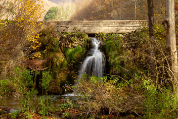 Fototapeta na wymiar Small waterfall on Grza river in autumn. Beautiful small river surrounded with forest in nature park Grza.