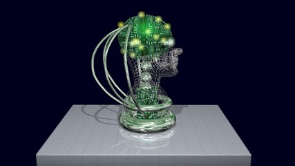 AI head, robotic artificial intelligence machine face. Glowing LEDs. Side view. 3d render