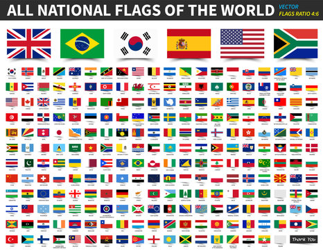 All national flags of the world . Ratio 4 : 6 design with float sticky note paper style . Elements vector