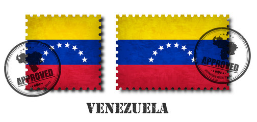 Venezuela or Venezuelan flag pattern postage stamp with grunge old scratch texture and affix a seal on isolated background . Black country name with abrasion . Square and rectangle shape . Vector