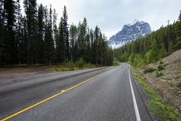 Fototapeta na wymiar Rainy mountains road in Alberta, Canada 2