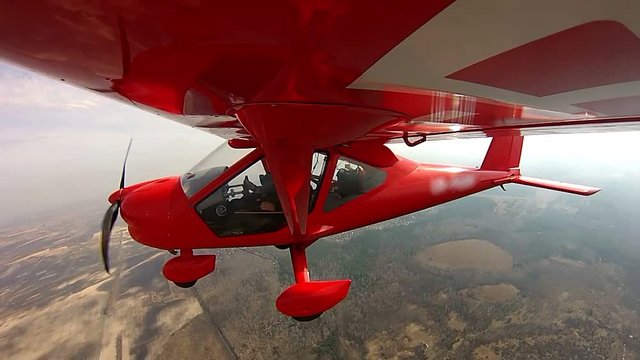 Gopro on the Airplane wing, Small Airplane Takes Off, privat airplane takeoff, red sports airplane, View from an aircraft wing, Flight on a private jet