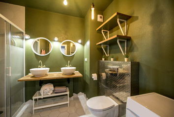 Modern loft bathroom made in green and white colors with retro plumbing elements