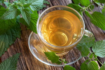 A cup of nettle tea with fresh nettles on a rustic background