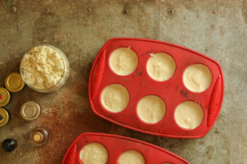 cupcakes cake from cottage cheese or cheese cakes (dough in the form). Top view
