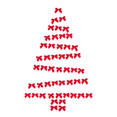 Fototapeta na wymiar Red bows lined up in the shape of a Christmas tree, isolate on a white background. Concept for a holiday card.