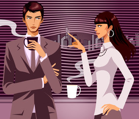 Businessman looking at woman with a cup of Coffee in his hand