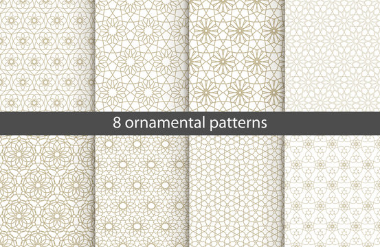 Set of oriental patterns. White and gold background with Arabic ornaments. Patterns, backgrounds and wallpapers for your design. Textile ornament. Vector illustration.