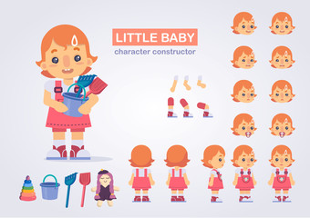 Happy little kid girl character with various views, face emotions, poses . Baby with toys: doll, bucket, shovel, rake, pyramid.  Front, side, back view animated character.Vector clip art
