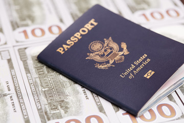 Passport of United States of American. Traveling passport.  closeup of an american passport and money.