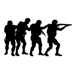 Fototapeta na wymiar Police special forces tactical team, SWAT group, counter-terrorist squad fighters moving in stack formation behind team leader who aiming with shotgun vector silhouette isolated on white background