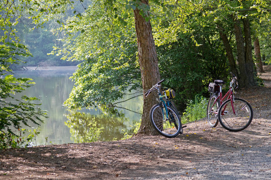 Two Bikes Parked In The Woods By A Beautiful Lake