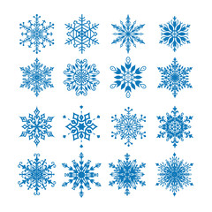 Set of 16 decorative blue snowflakes. Snowflakes icon. Vector illustration.