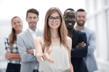 Portrait of joyful business team against a white background