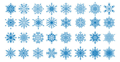 Set of 32 decorative blue snowflakes. Snowflakes icon. Vector illustration.