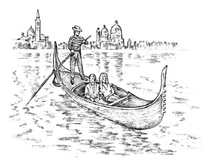 landscape in European. Characters in the gondola. Engraved hand drawn in old sketch and vintage style. Italian historical architecture with buildings, perspective view. Travel postcard. - obrazy, fototapety, plakaty