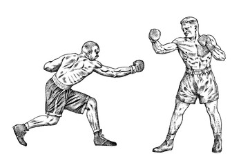 Fototapeta na wymiar Boxers are training. Sport strong men fight. Vintage monochrome illustration. Hand drawn.