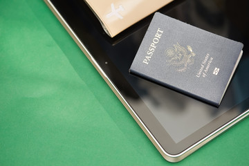 Passport of United States of American. Traveling passport.  closeup of an american passport on tablet screen for a travel concept.