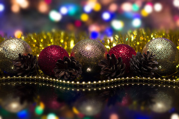 Christmas background New Year. Bokeh background, blurry lights, christmas balls