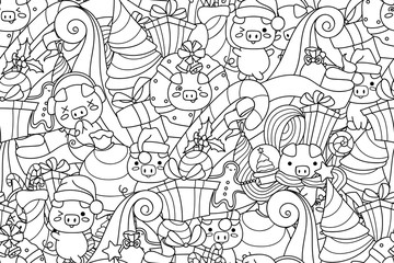 Seamless doodle pattern with Christmas decorations. Pattern with cute kawaii pigs with gifts, symbol of Chinese New Year. Design for coloring, easy to change colors.