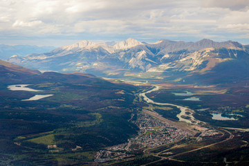 Wide High View of Jasper Town and Athabasca River Valley