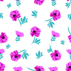 Fototapeta na wymiar Beautiful Watercolor Seamless Pattern Print with Flowers and Leaves on White Background. Colorful design for fabric, wallpaper, gift paper, blog,web ,invitation,birthday,wedding.