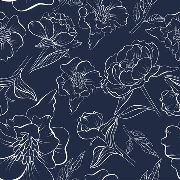 Floral seamless peony pattern drawn in sketch