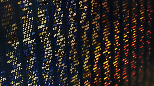 Abstract hacking background, binary code strings moving on computer screen