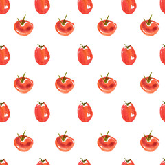 Seamless watercolor surface pattern from fresh ripe cherry and plum tomatoes on white background. Fresh tomatoes flat lay, view from above.