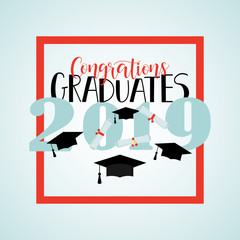 vector illustration on blue background congratulations on graduation 2019, design for the graduation party