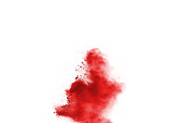 Red powder explosion on white background.