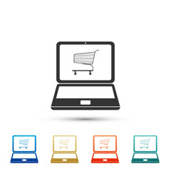 Online shopping concept. Shopping cart on screen laptop icon isolated on white background. Concept e-commerce, online business marketing. Set element in colored icons. Flat design. Vector Illustration