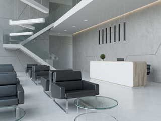 Interior of a hotel office lobby spa reception 3D illustration