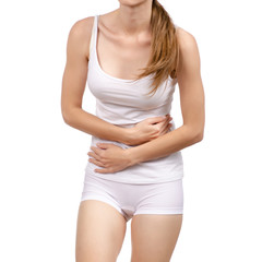 Woman stomach ache health care concept on white background isolation