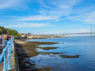 View of the Queensferry Crossing bridges over the Firth of Forth, Edinburgh, Scotland, UK.