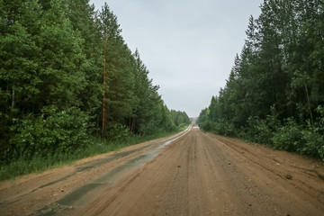 Gravel road in the Russian forest at sunset
