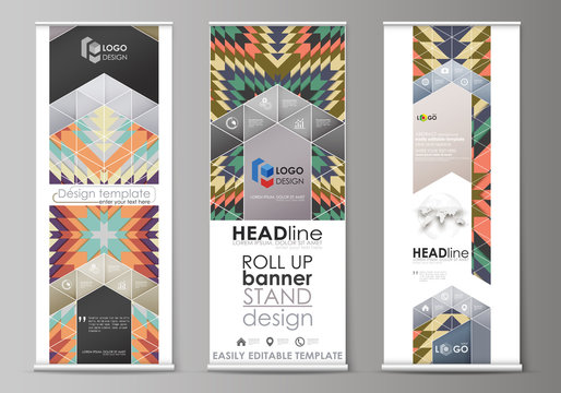 Roll up banner stands, abstract design geometric style templates, corporate vertical vector flyers, flag layouts. Tribal pattern, ornament in ethno syle, ethnic backdrop, vintage fashion background.