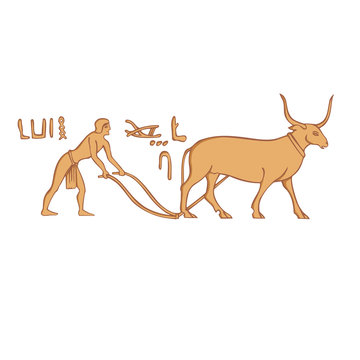 Egyptian hieroglyph depicting a man plowing on a bull.