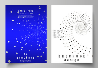 The vector layout of A4 format modern cover mockups design templates for brochure, magazine, flyer, booklet, annual report. Geometric technology background. Abstract monochrome vortex trail.