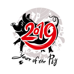 Stylish template for the year of the Earth Pig 2019. Handwritten imitation of painting with brush and ink on a background of round stamp. New Year on the Chinese calendar.
