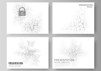 The minimalistic abstract vector layout of the presentation slides design business templates. Binary code background. AI, big data, coding or hacker concept, digital technology background.