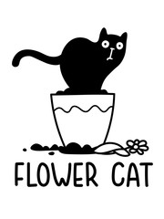 A Cartoon Vector Outline Drawing Of A Cat Sitting In The Flower Plant Pot