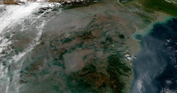 Very high-altitude circular tracking shot of the west coast of India. Reversible, seamless loop. Elements of this image furnished by NASA