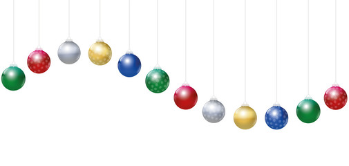 Christmas balls. Golden, silver, red, green and blue glossy Christmas tree balls with snowflake ornaments hanging on strings and forming a wave.
