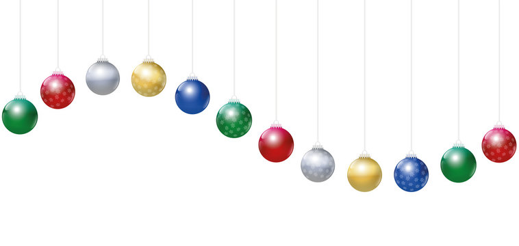 Christmas balls. Golden, silver, red, green and blue glossy Christmas tree balls with snowflake ornaments hanging on strings and forming a wave.
