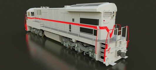 Modern gray diesel railway locomotive with great power and strength for moving long and heavy railroad train. 3d rendering.