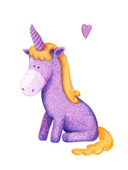 Cute watercolor illustration with violet unicorn and little heart isolated on white background